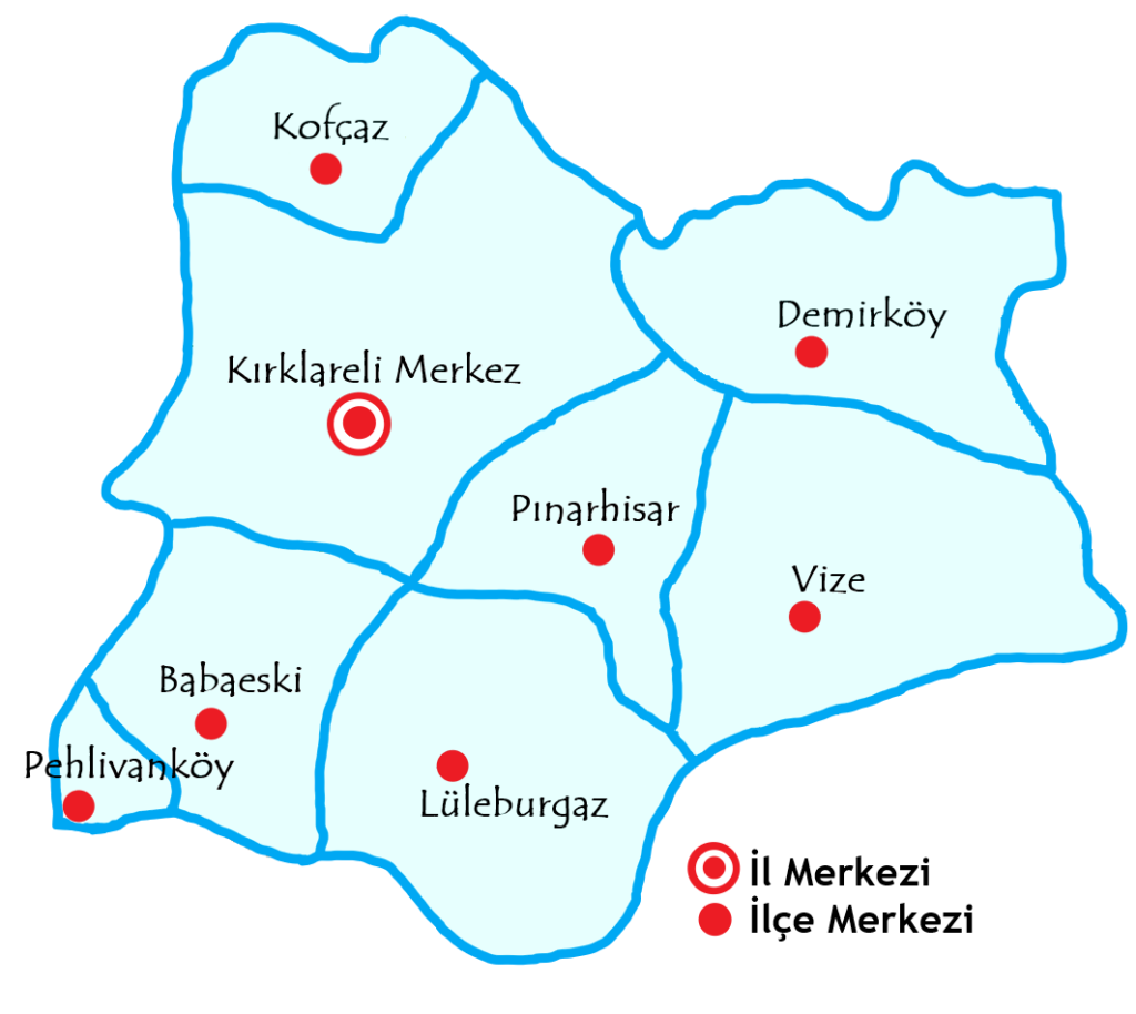 クルクラーレリ県の都市の地図