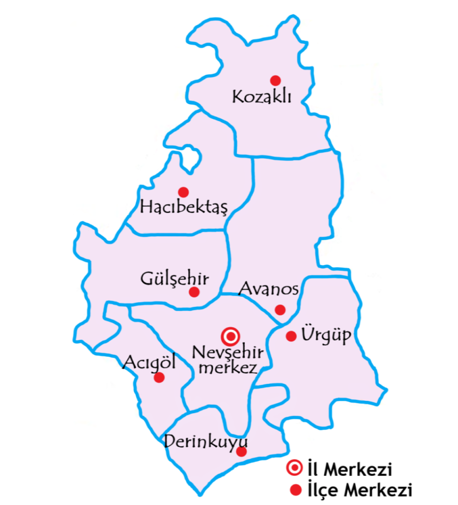 ネヴシェヒル県の都市の地図